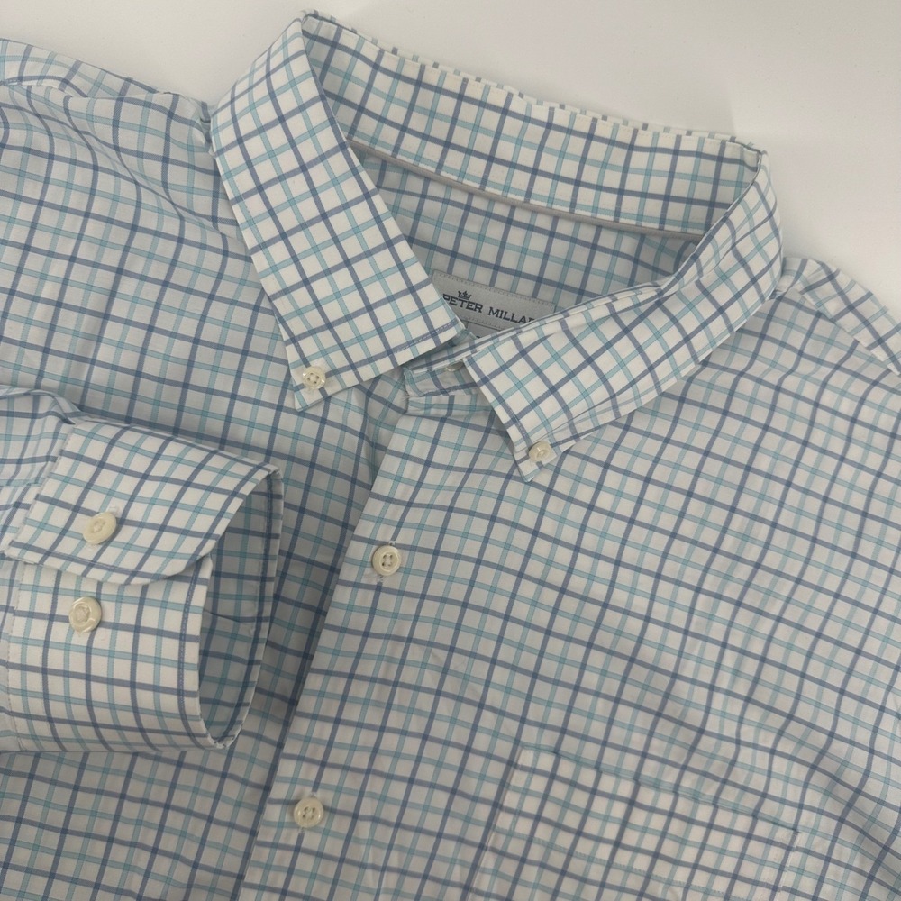 Peter Millar Button Down Shirt Mens 2X Blue White Plaid Long Sleeve MS20W12NBLBT